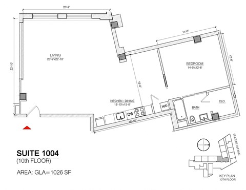 Floor plan for 1 bed, 1 bath, 1026 sqft